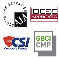 AIA Continuing Education logo - GBCI CMP Leed's Credential Maintenance Program logo - Interior Design Continuing Education Council - IDCEC Approved logo